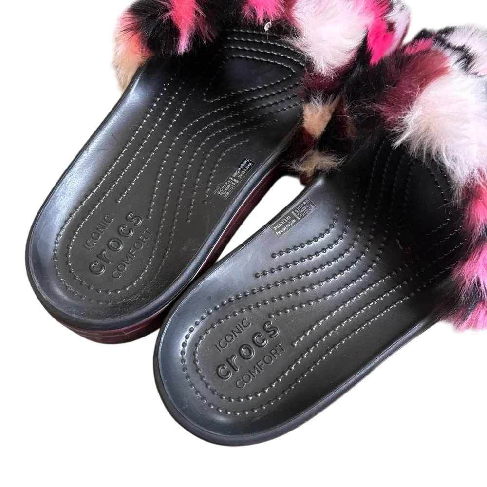 Crocs‎ CB Pink Black Fuzzy Platform So Luxe Slide sandal Summer Women's size 9